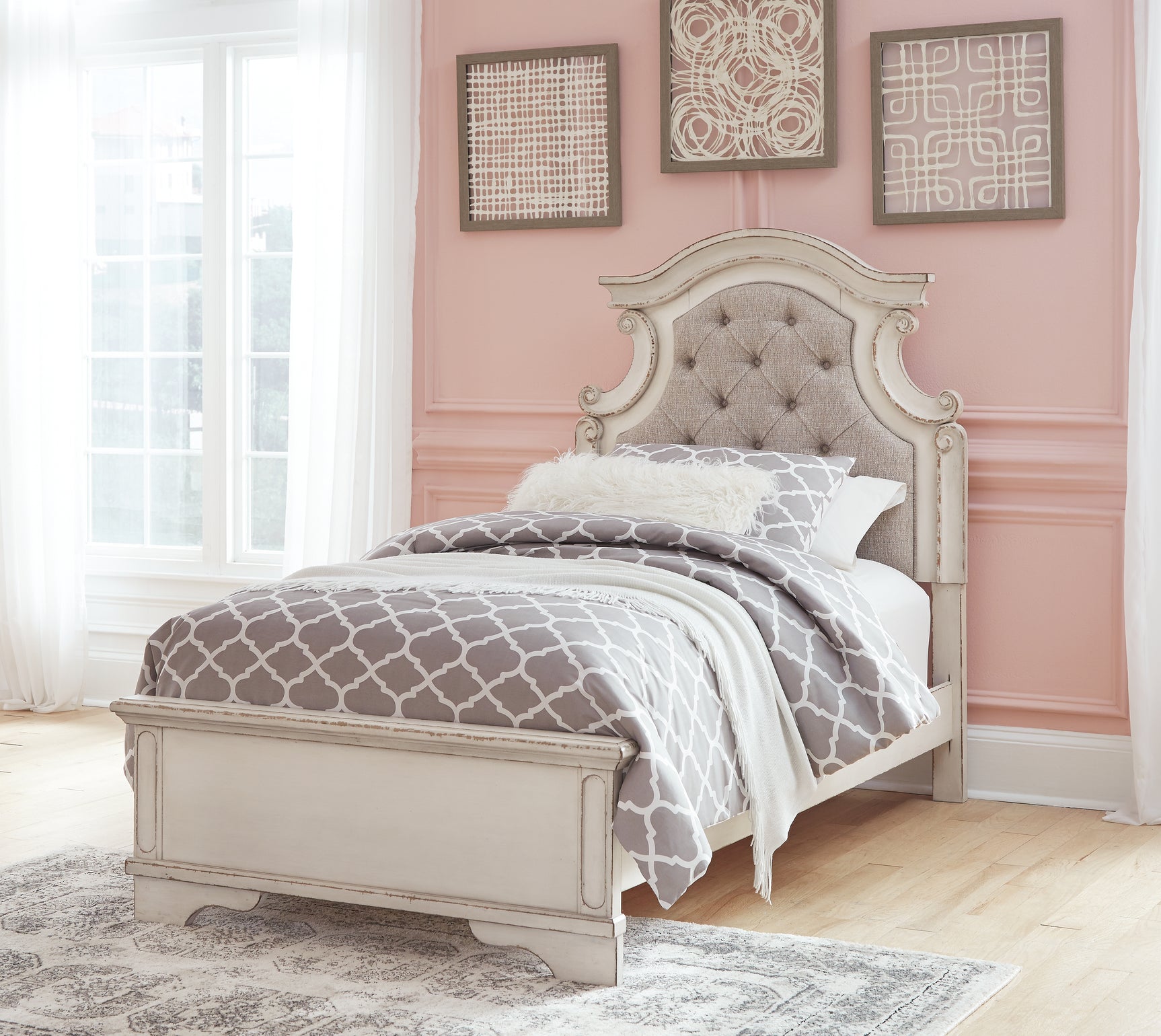 Realyn Two-tone Twin Upholstered Panel Bed, Chest, Vanity and Nightstand (Online Special Price) - Ornate Home