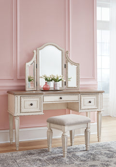 Realyn Two-tone Twin Upholstered Panel Bed, Chest, Vanity and Nightstand - Ornate Home