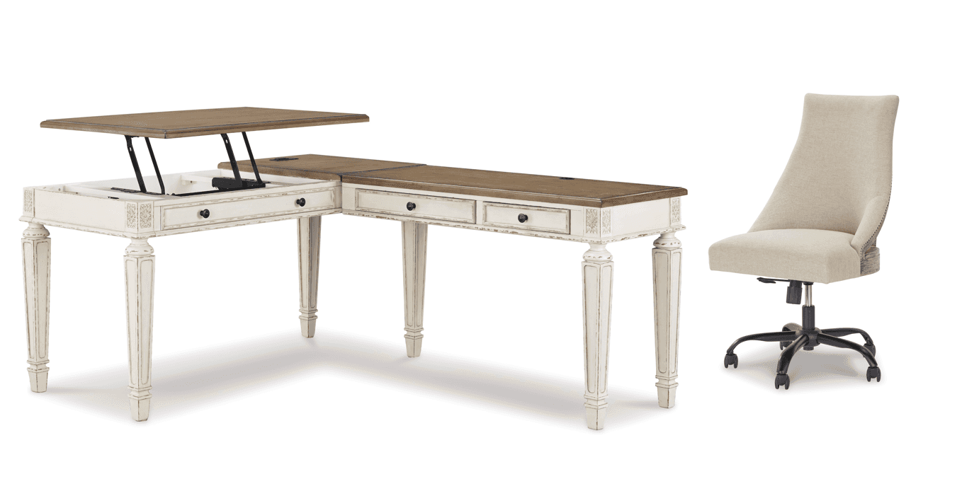Realyn White/Brown 2pc Home Office L-Shaped Lift Top Desk (Online Special Price) - Ornate Home
