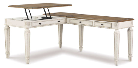 Realyn White/Brown 2pc Home Office L-Shaped Lift Top Desk - Ornate Home