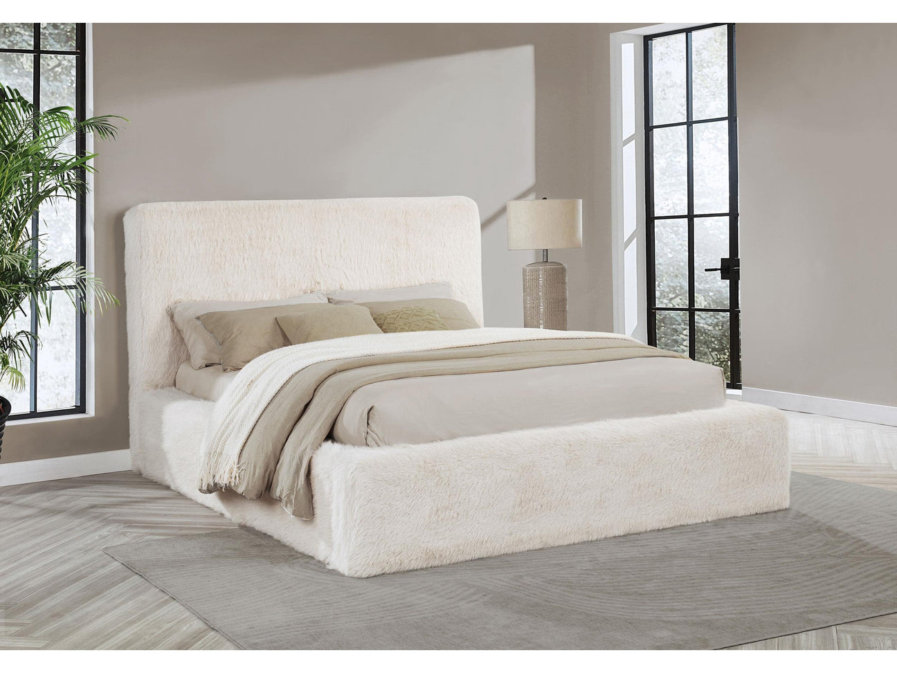 Rebecca Cream Faux Fur Upholstered Queen Bed - Ornate Home