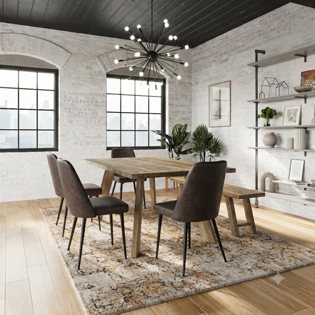 Reclamation Dark Brown/Brown Dining Table w/ 4 Maddox Chairs, Bench - Ornate Home
