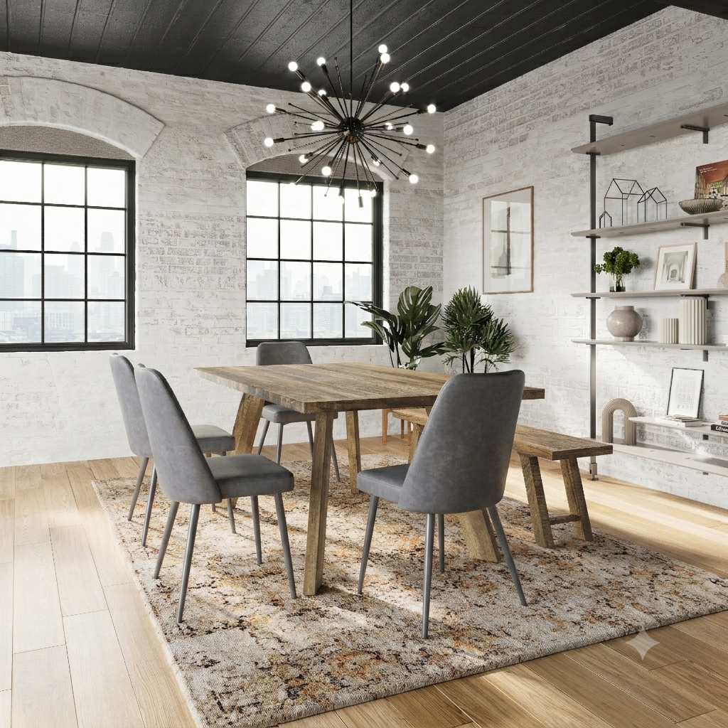Reclamation Grey/Brown Dining Table w/ 4 Maddox Chairs, Bench - Ornate Home