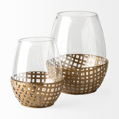 Reena Gold Small Woven Metal Base Table Candle Holder - Ornate Home
