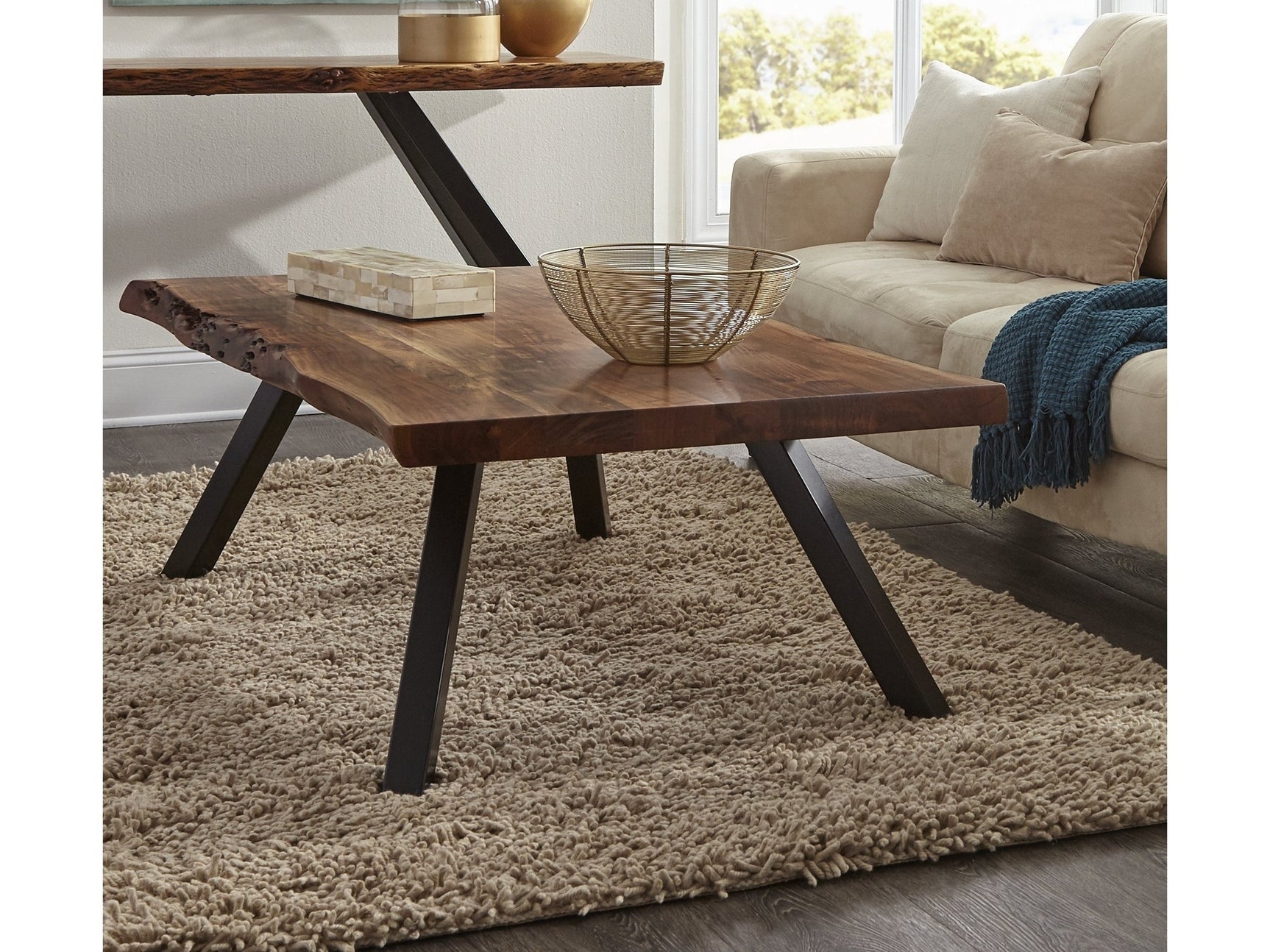 Reese Live Edge Solid Wood Metal Leg Coffee Table in Natural Acacia - Ornate Home