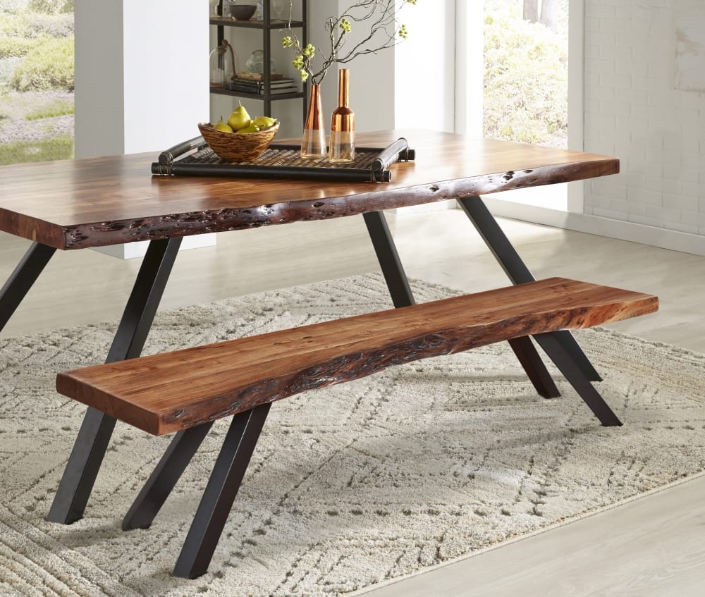 Reese Natural Acacia Live Edge Solid Wood Metal Leg Dining Bench - Ornate Home