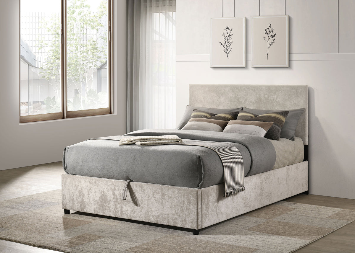 Reeves Beige Upholstered Full Lift-top Storage Platform Bed - Ornate Home