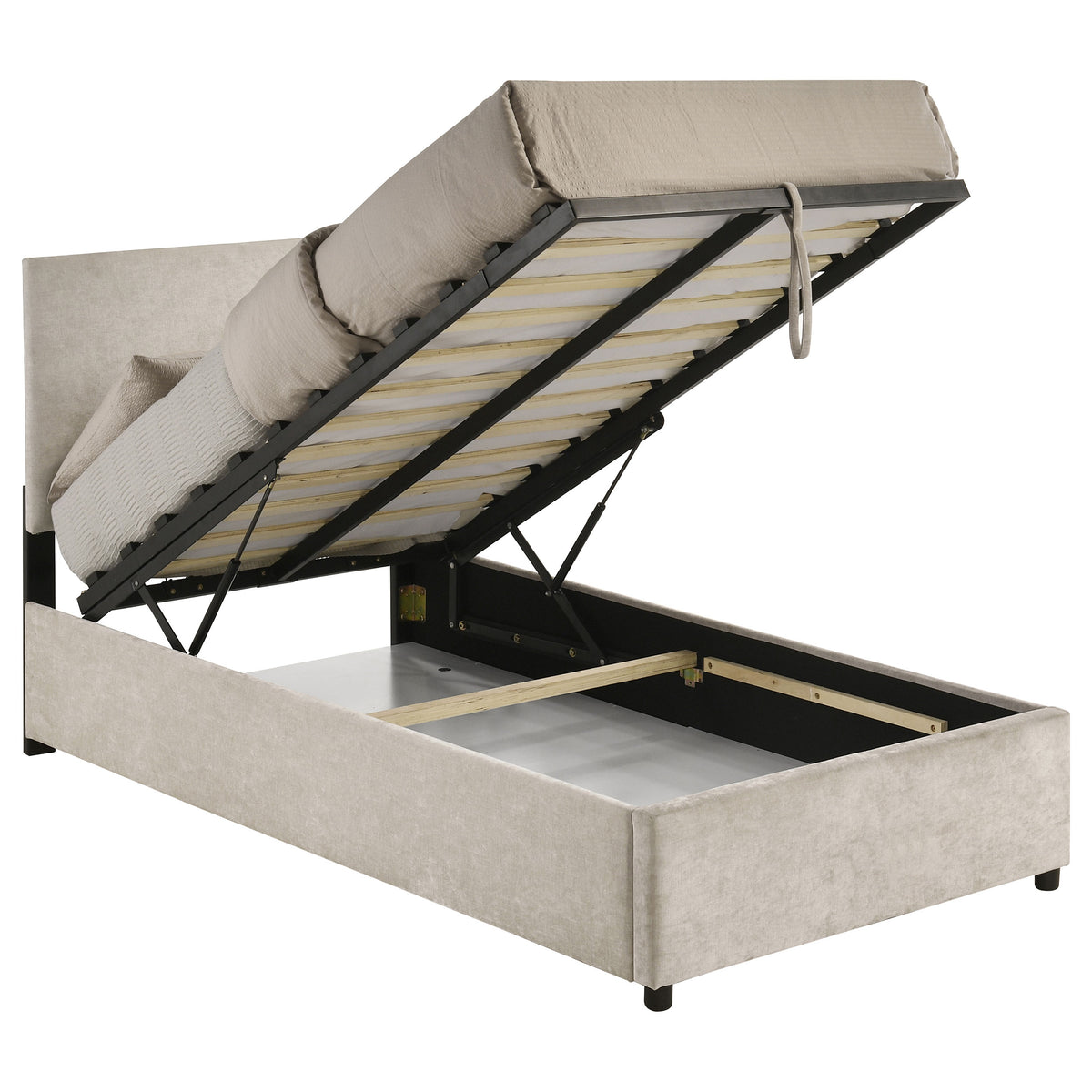 Reeves Beige Upholstered Twin Lift-top Storage Platform Bed - Ornate Home