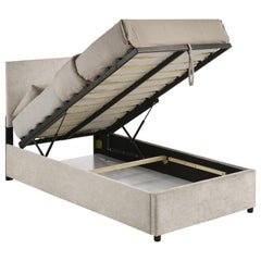 Reeves Beige Upholstered Twin Lift-top Storage Platform Bed - Ornate Home