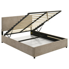 Reeves Tan Upholstered Eastern King Lift-top Storage Platform Bed - Ornate Home