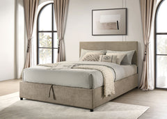 Reeves Tan Upholstered Eastern King Lift-top Storage Platform Bed - Ornate Home