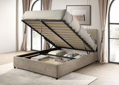 Reeves Tan Upholstered Eastern King Lift-top Storage Platform Bed - Ornate Home
