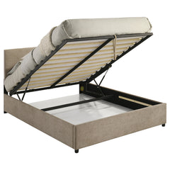 Reeves Tan Upholstered Eastern King Lift-top Storage Platform Bed - Ornate Home