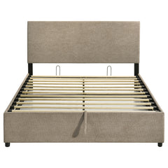 Reeves Tan Upholstered Eastern King Lift-top Storage Platform Bed - Ornate Home