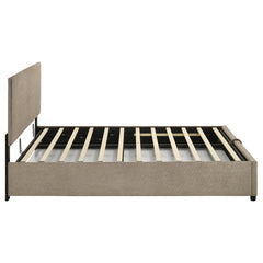 Reeves Tan Upholstered Eastern King Lift-top Storage Platform Bed - Ornate Home