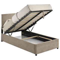 Reeves Tan Upholstered Twin Lift-top Storage Platform Bed - Ornate Home