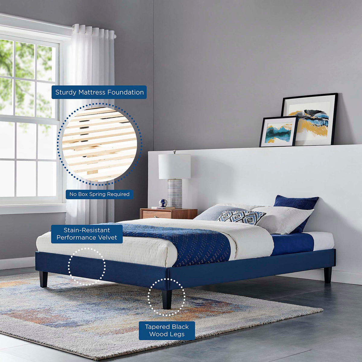 Reign Navy Performance Velvet Full Platform Bed Frame - Ornate Home