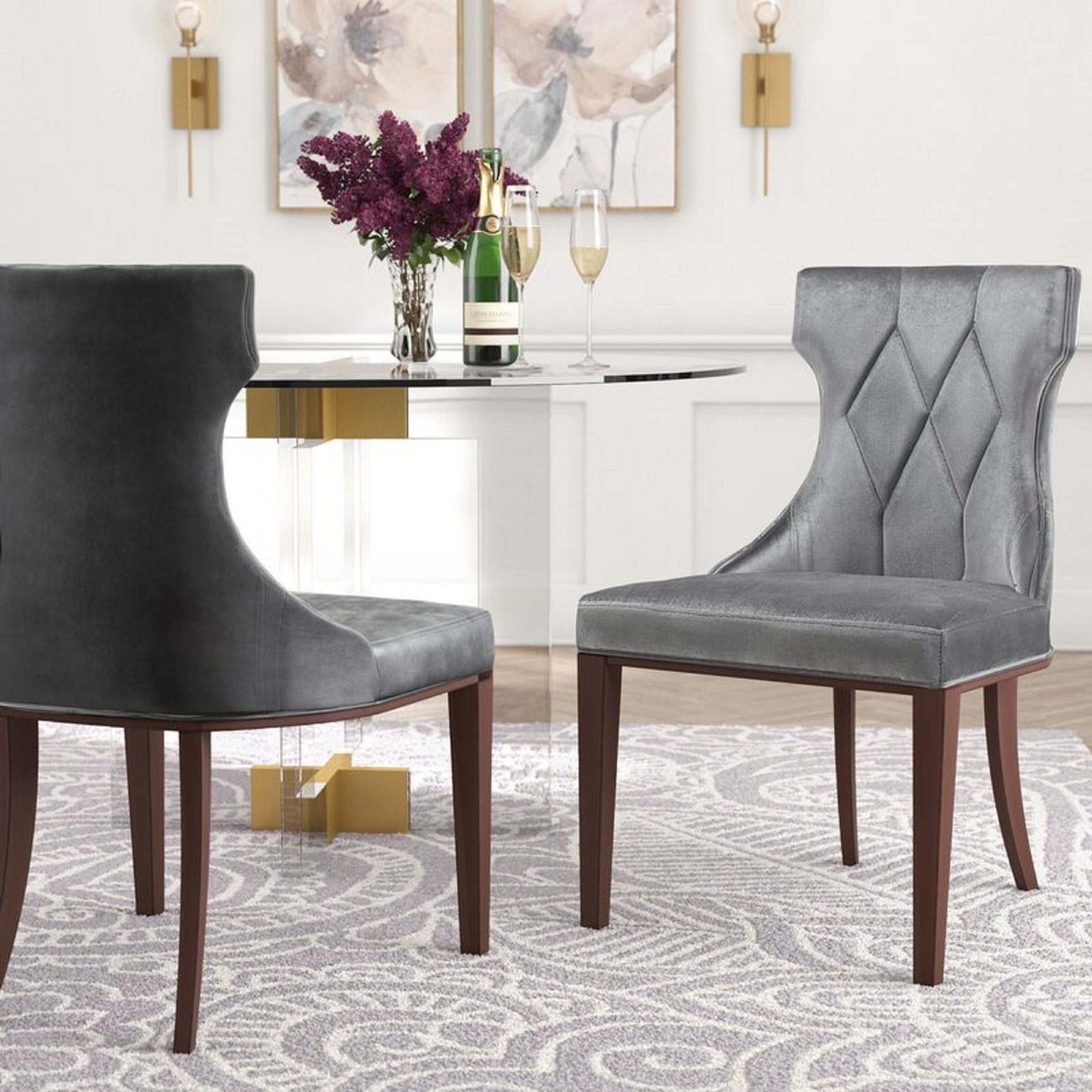 Reine Velvet Dining Chair (Set of Two) in Grey and Walnut - Ornate Home