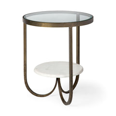 Reinhardt Gold 20" Round Glass Top Metal and Marble Detail End/Side Table - Ornate Home