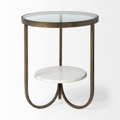 Reinhardt Gold 20" Round Glass Top Metal and Marble Detail End/Side Table - Ornate Home