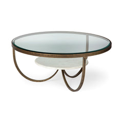 Reinhardt Gold 36" Round Glass Top Marble Shelf Metal Base Coffee Table - Ornate Home