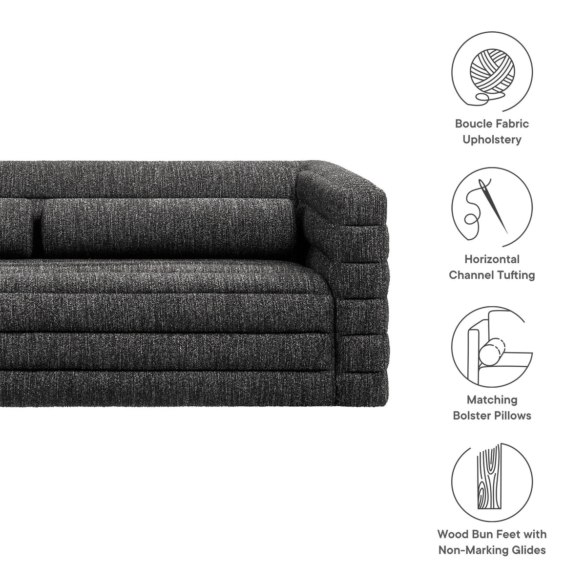 Relle Charcoal Channel Tufted Boucle Upholstered Sofa - Ornate Home