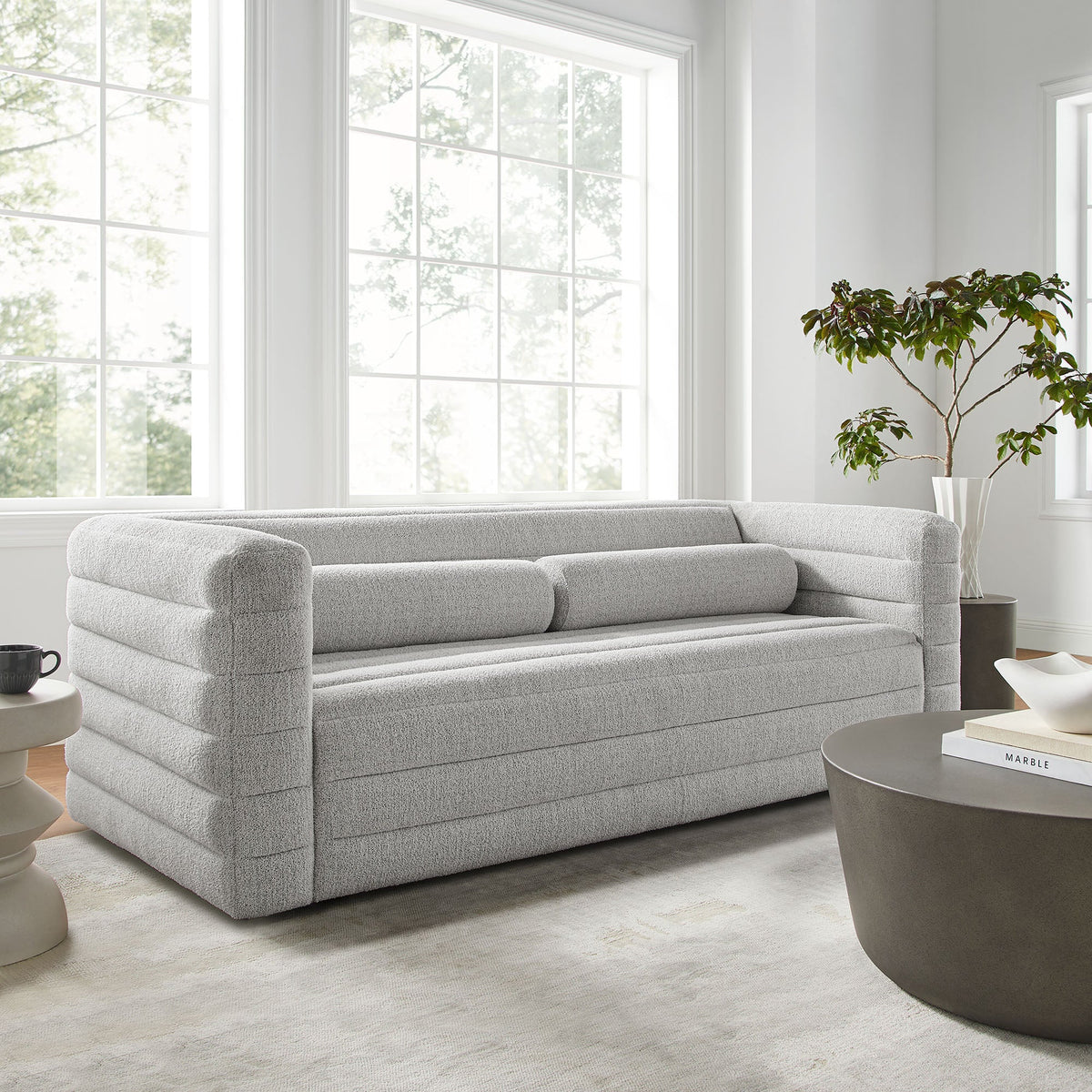 Relle Newsprint Channel Tufted Boucle Upholstered Sofa - Ornate Home