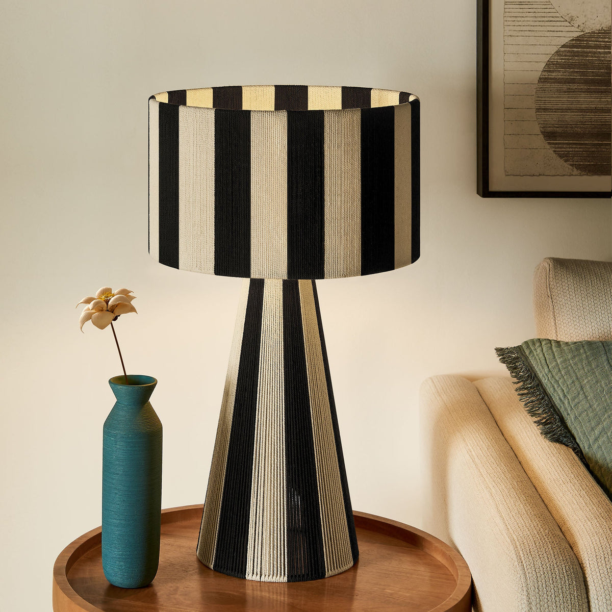 Renae Black Handwoven Cotton Thread Striped Table Lamp - Ornate Home