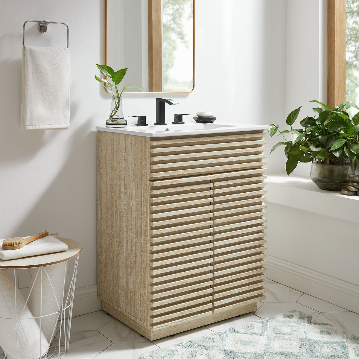 Render 24" Faux Travertine Bathroom Vanity Cabinet (Sink Not Included) - Ornate Home