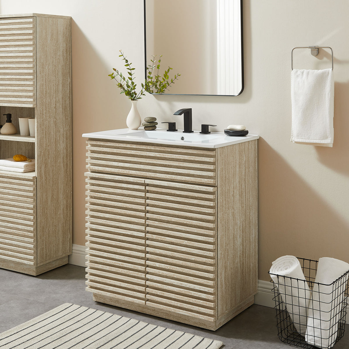 Render 30" Faux Travertine Bathroom Vanity Cabinet (Sink Not Included) - Ornate Home