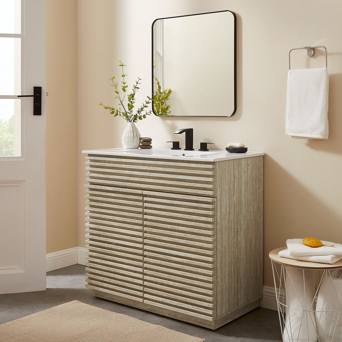 Render 36" Faux Travertine Bathroom Vanity Cabinet (Sink Not Included) - Ornate Home