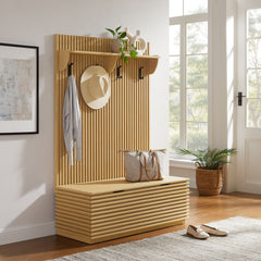 Render Oak Fluted 3-in-1 Hall Tree With Storage Bench and Coat Rack - Ornate Home