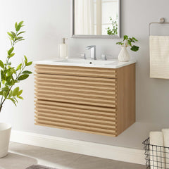 Render Oak/White 30" Wall-Mount Bathroom Vanity - Ornate Home