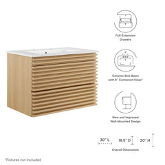 Render Oak/White 30" Wall-Mount Bathroom Vanity - Ornate Home