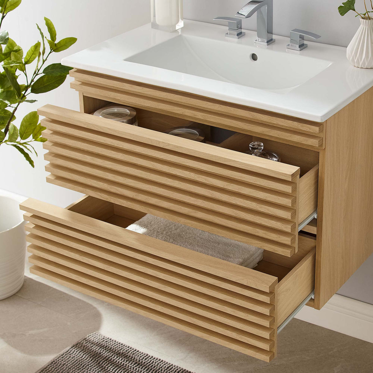 Render Oak/White 30" Wall-Mount Bathroom Vanity - Ornate Home