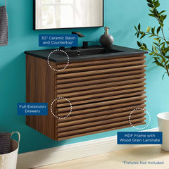 Render Walnut/Black 30" Wall-Mount Bathroom Vanity - Ornate Home