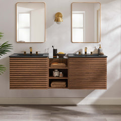 Render Walnut/Black 62" Wall-Mount Double Sink Bathroom Vanity - Ornate Home