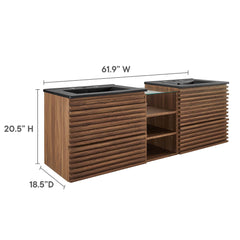 Render Walnut/Black 62" Wall-Mount Double Sink Bathroom Vanity - Ornate Home