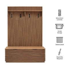 Render Walnut Fluted 3-in-1 Hall Tree With Storage Bench and Coat Rack - Ornate Home