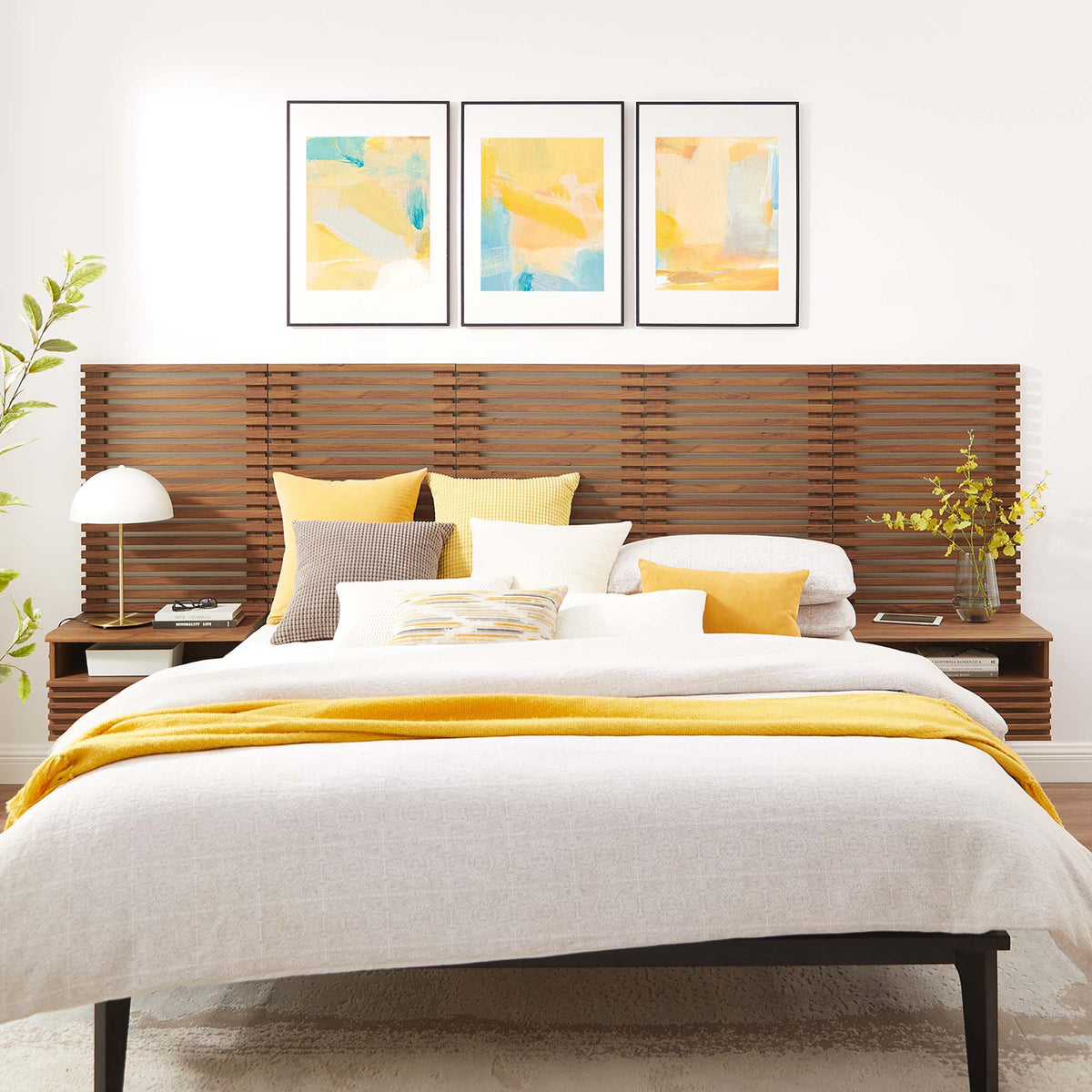 Render Walnut Wall Mount Queen Headboard and Modern Nightstands - Ornate Home
