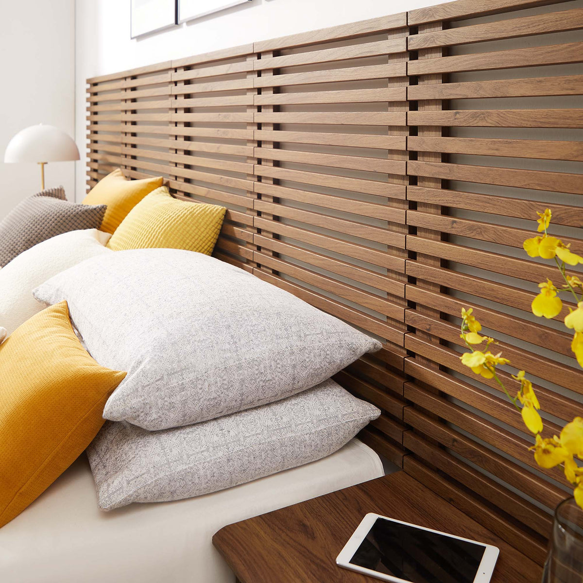 Render Walnut Wall Mount Queen Headboard and Modern Nightstands - Ornate Home