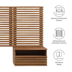 Render Walnut Wall Mount Twin Headboard and Modern Nightstands - Ornate Home