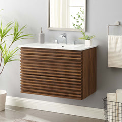 Render Walnut/White 30" Wall-Mount Bathroom Vanity - Ornate Home