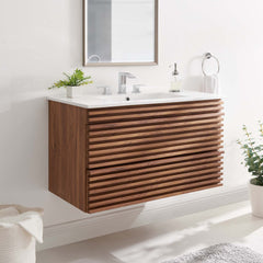 Render Walnut/White 36" Wall-Mount Bathroom Vanity - Ornate Home
