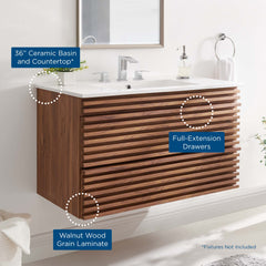 Render Walnut/White 36" Wall-Mount Bathroom Vanity - Ornate Home