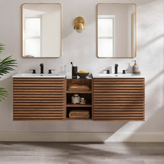 Render Walnut/White 62" Wall-Mount Double Sink Bathroom Vanity - Ornate Home
