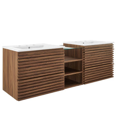 Render Walnut/White 62" Wall-Mount Double Sink Bathroom Vanity - Ornate Home