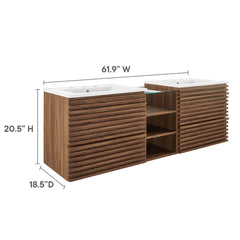 Render Walnut/White 62" Wall-Mount Double Sink Bathroom Vanity - Ornate Home