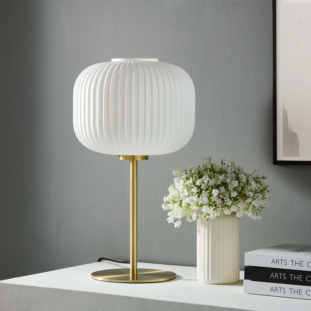 Reprise White/Satin Brass Glass Sphere Glass and Metal Table Lamp - Ornate Home