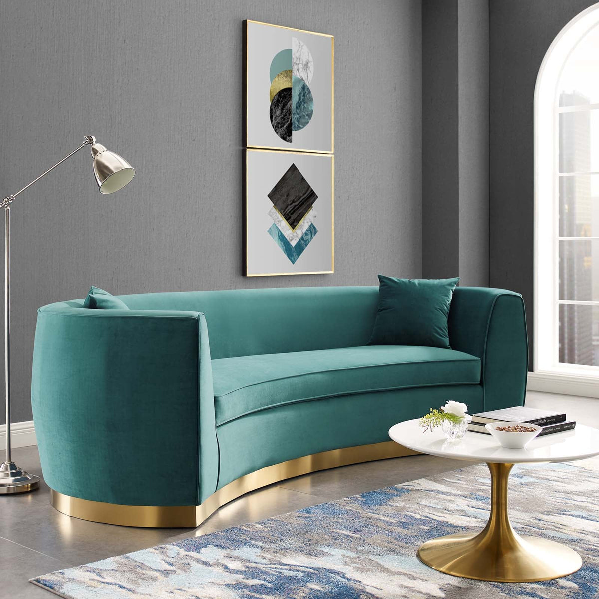 Resolute Teal Curved Performance Velvet Sofa - Ornate Home